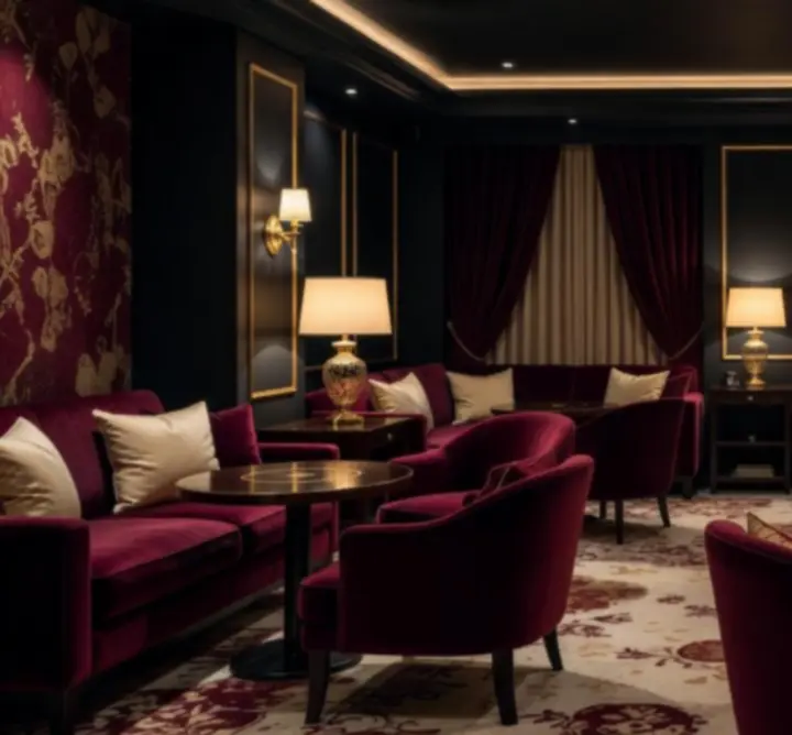 Elegáns, félhomályos étterem-lounge bársonyszékekkel és megterített asztalokkal