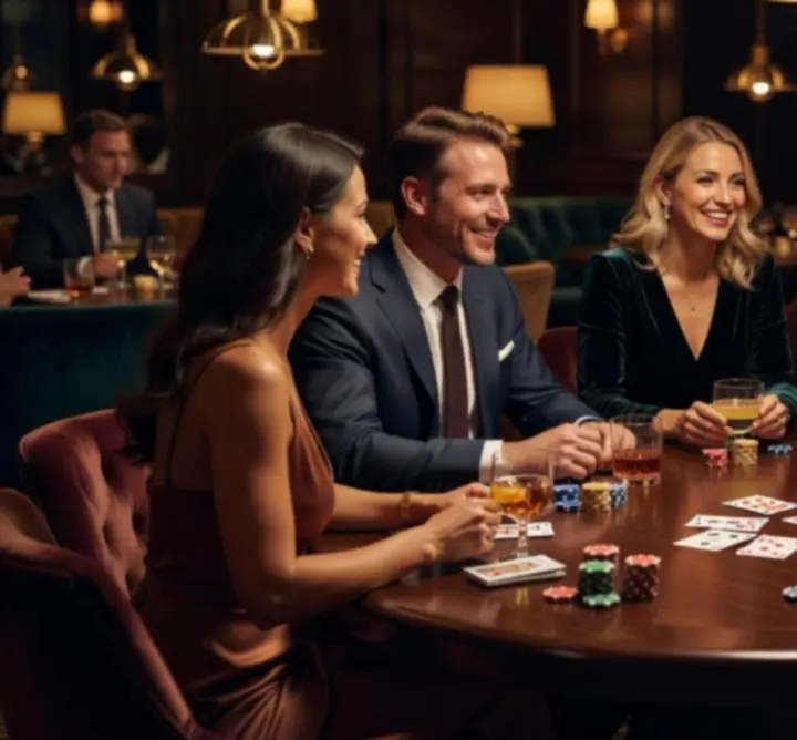 Baráti társaság offline pókerrel és nevetéssel egy elegáns lounge-ban
