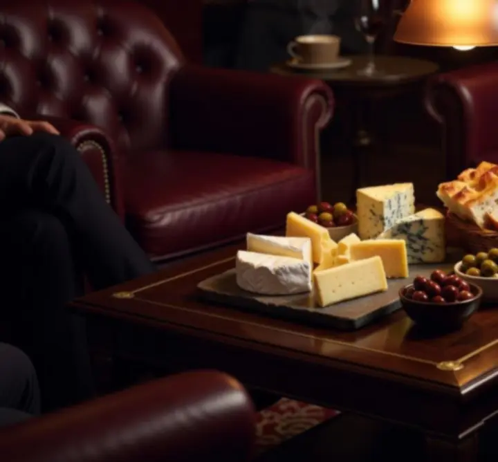 Lounge falatok, sajtok és snackek egy asztalon, a háttérben kártyalapokkal és póker zsetonokkal