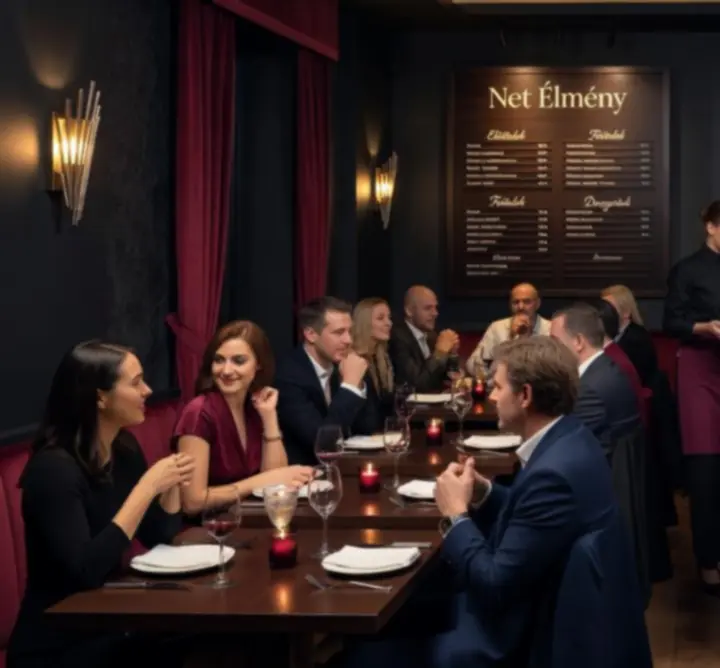Hangulatos, sötét tónusú étterem és lounge tér, meleg fényekkel és elegáns részletekkel