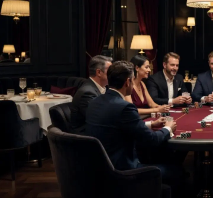 Elegáns offline poker este terített asztallal és kártyalappal a Net Elmeny étteremben.