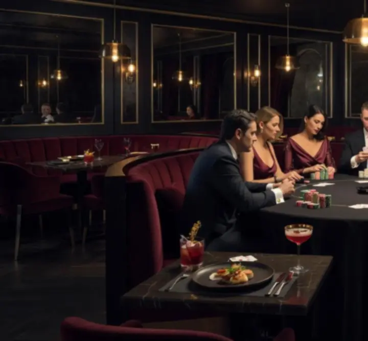 Prémium, félhomályos póker lounge hangulat elegáns asztalokkal