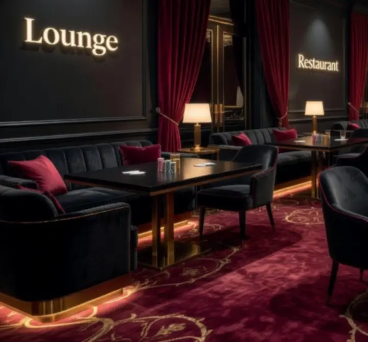 Prémium étterem-lounge belső tér bordó és arany részletekkel